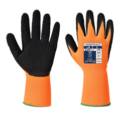 Hi vis orange latex grip glove with black latex palm.