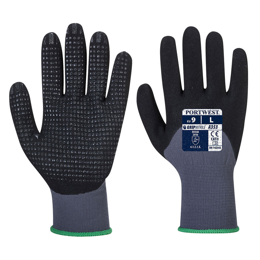 Grey dermiflex ultra plus glove with black polka dot palm, black fingers and Grey wrist cuff.