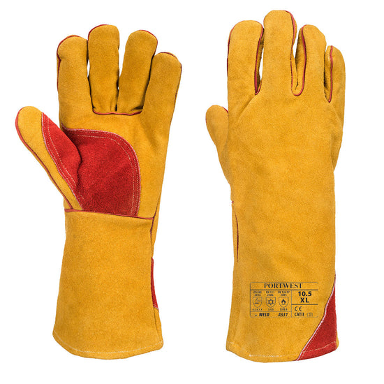 Yellow portwest reinforced welding gauntlet. Gauntlet has red contrast on the thumb and palm area and bottom of the gauntlet.