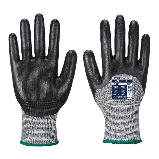 Grey nitrile foam coated glove with black palm and black nitrile coated fingers. Grey elasticated cuff.