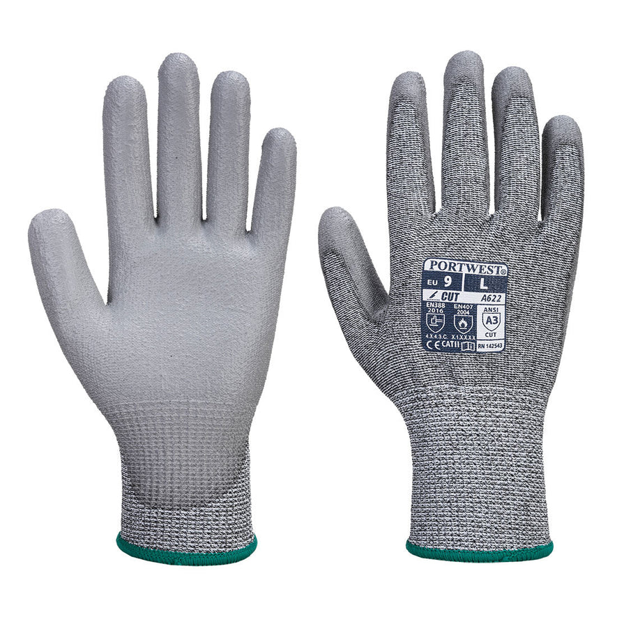 Pair of Grey MR cut PU palm glove. Glove has grey back grey PU palm and green elasticated wrist.