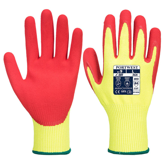 Portwest Vis-Tex Cut resistant glove. Glove has a red nitrile palm and yellow back.