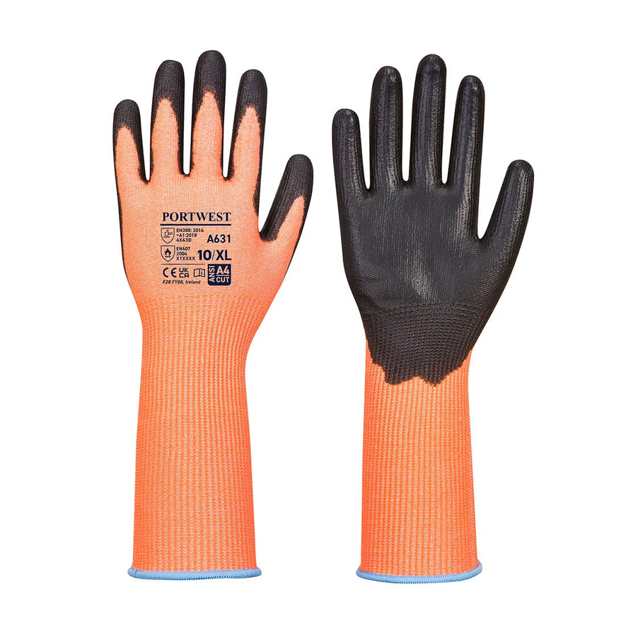 Orange work gloves with black grip and long cuff