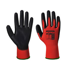 Red and black Portwest general handling glove, This glove is PU coated and has green elasticated cuffs.