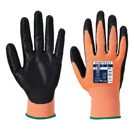 Amber cut resistant gloves with black palm and elasticated wrist green cuff.