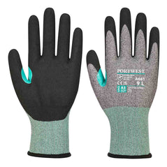 PU cut Glove with black grip, grey top and khaki green sleeve and cyan blue colour in between finger and thumb