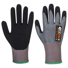 Black nitrile PU cut Glove with red sleeve and red colour in between finger and thumb