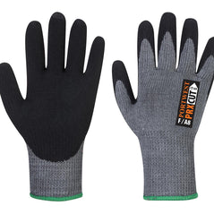 Black nitrile PU cut Glove with grey top, red sleeve and red colour in between finger and thumb