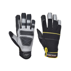 Black Portwest tradesman high performance glove. Gloves have black back yellow contrast and grey palm to the glove and fingertips. Glove has velcro fasten.