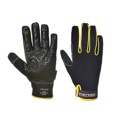 Black Portwest Supergrip High Performance Mechanics Glove. Glove has velcro wrist fasten, palm supergrip material. Glove has yellow contrast through out.