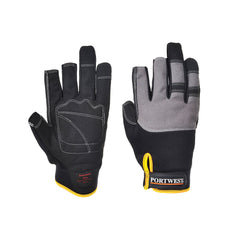 Black portwest high performance powertool glove. Glove has grey back to the fingers, missing fingertips on the two fingers closest to the thumb, Velcro wrist tighten and yellow stitching around the wrist.