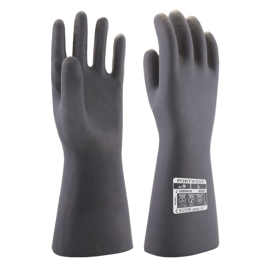 Black Portwest Neoprene Chemical Gauntlet pair of gloves. Gloves are black with portwest branding on.