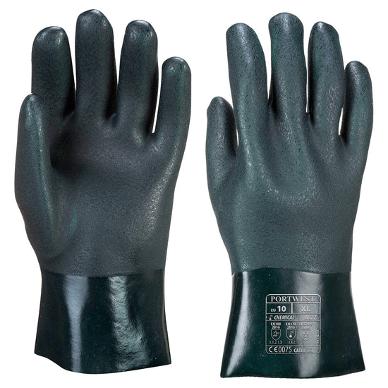 Dark green double dipped PVC chemical resistant gauntlet.