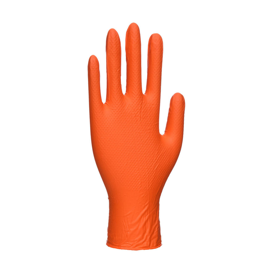 Portwest Orange HD Disposable Nitrile Gloves. Gloves has ribbed grip section on the glove.