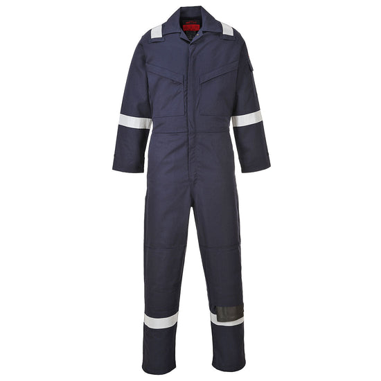 Navy flame retardant coverall with hi vis straps on the ankles, arms and shoulders. coveralls are zip fasten and have visible zip chest pockets.