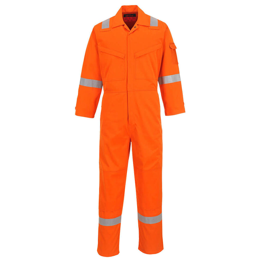 Orange flame retardant coverall with hi vis straps on the ankles, arms and shoulders. coveralls are zip fasten and have visible zip chest pockets.