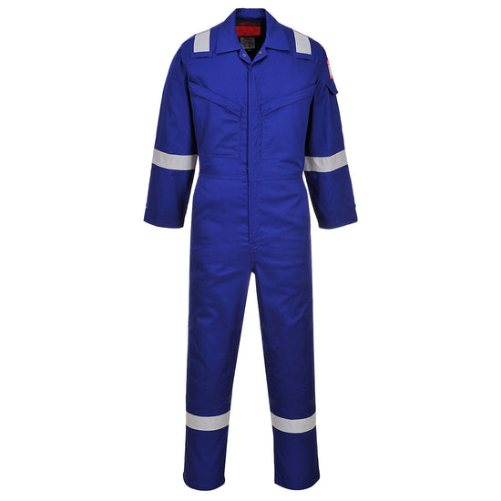 Royal Blue flame retardant coverall with hi vis straps on the ankles, arms and shoulders. coveralls are zip fasten and have visible zip chest pockets.