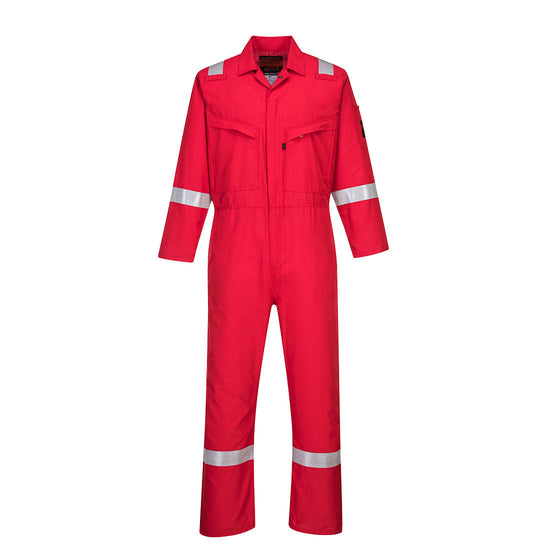 Red flame retardant coverall with hi vis straps on the ankles, arms and shoulders. coveralls are zip fasten and have visible zip chest pockets.