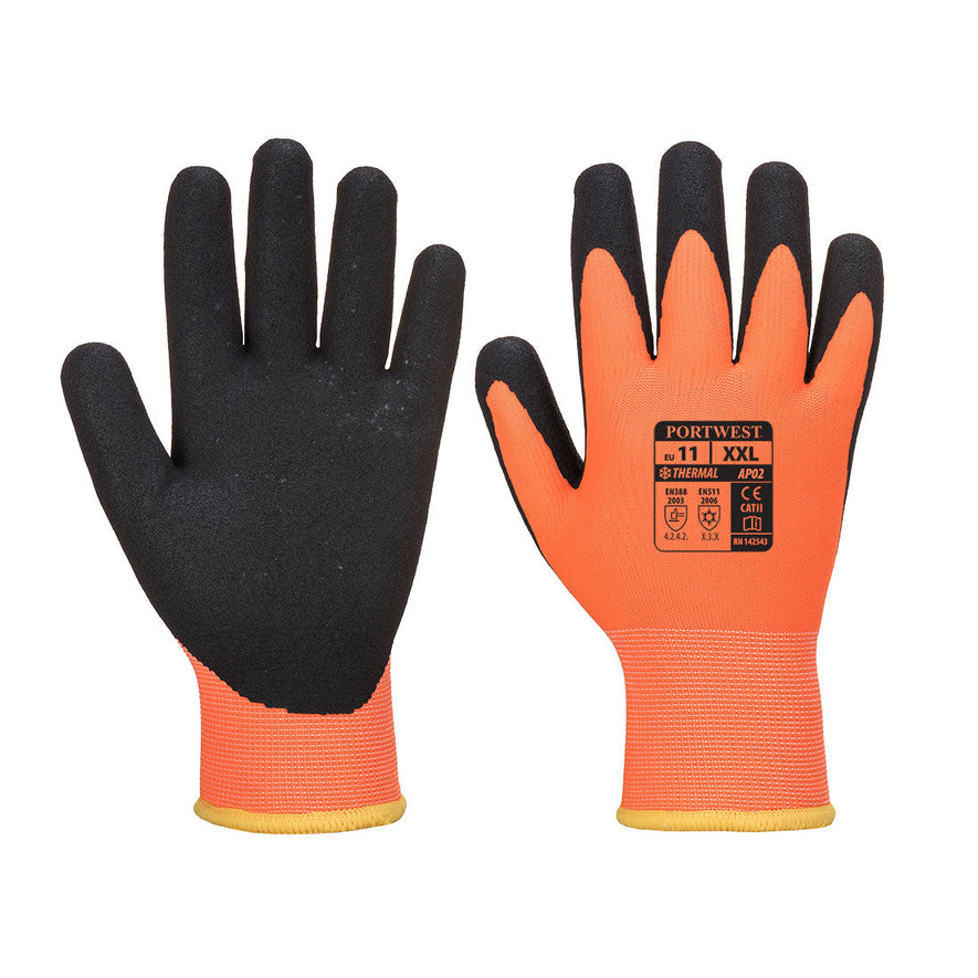 Thermo Pro ultra latex coated glove from portwest. Glove has orange coated top and black coated palm. Glove has black wrist and yellow elasticated wrist cuff.