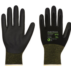 Black Foam Nitrile Bamboo Glove with green patterned wrist and white elasticated wrist trim