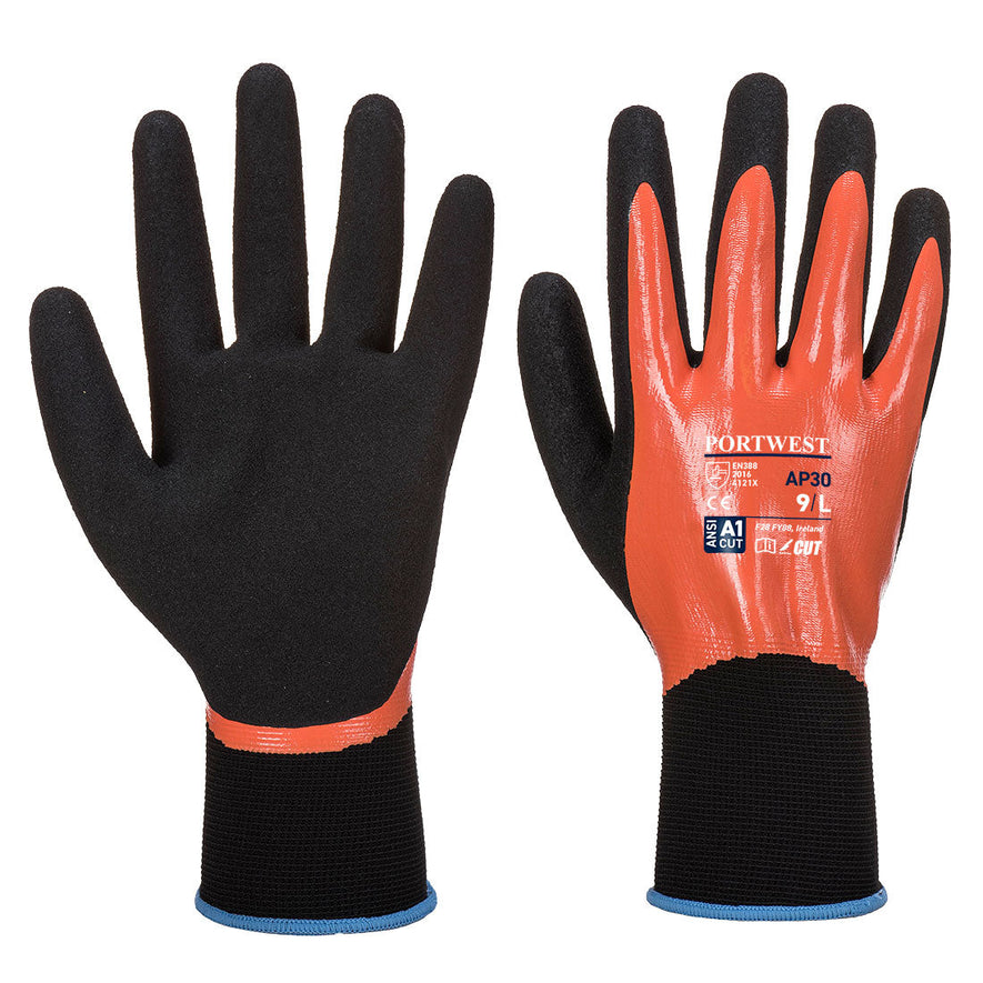 Orange and black fermi pro glove with black palm and wrist cuff.
