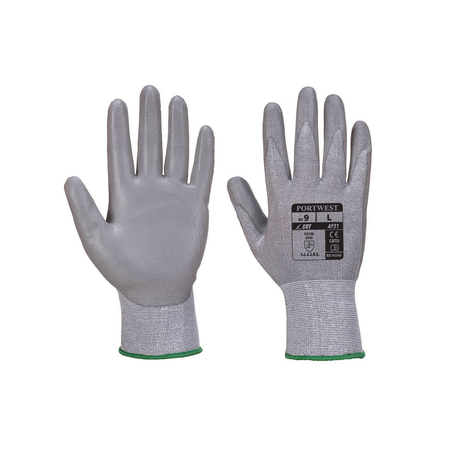 Grey senti cut line gloves. Cut line glove has grey palm, grey wrist and green elasticated cuff.