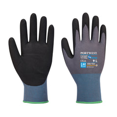 Portwest NPR Pro nitrile foam coated glove. Glove has a grey back and black nitrile coated palm. Glove also has blue wrist area and green elasticated wrist.