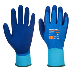 Pair of blue portwest liquid pro cut gloves. Gloves have a light blue cuff, darker blue waterproof top and latex palm.