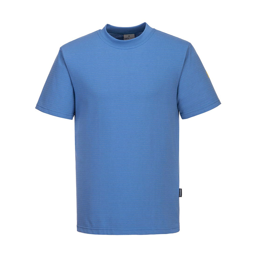 Hamilton blue ESD t-shirt with short sleeves, a dark navy collar and horizontal stripes along the shirt.