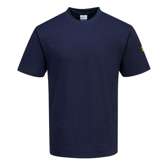 Navy blue ESD t-shirt with short sleeves, a dark navy collar and horizontal stripes along the shirt.