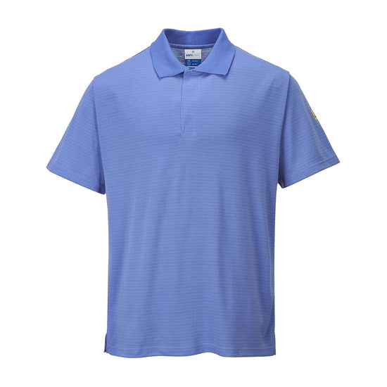 Hamilton blue ESD polo shirt with short sleeves, a dark navy collar and horizontal stripes along the shirt.