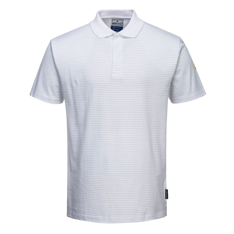 White ESD polo shirt with short sleeves, a dark navy collar and horizontal stripes along the shirt.