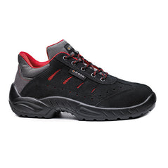 Black and Grey Base Toledo Safety Trainer with a protective toe and Red stitching as well as laces for contrast.