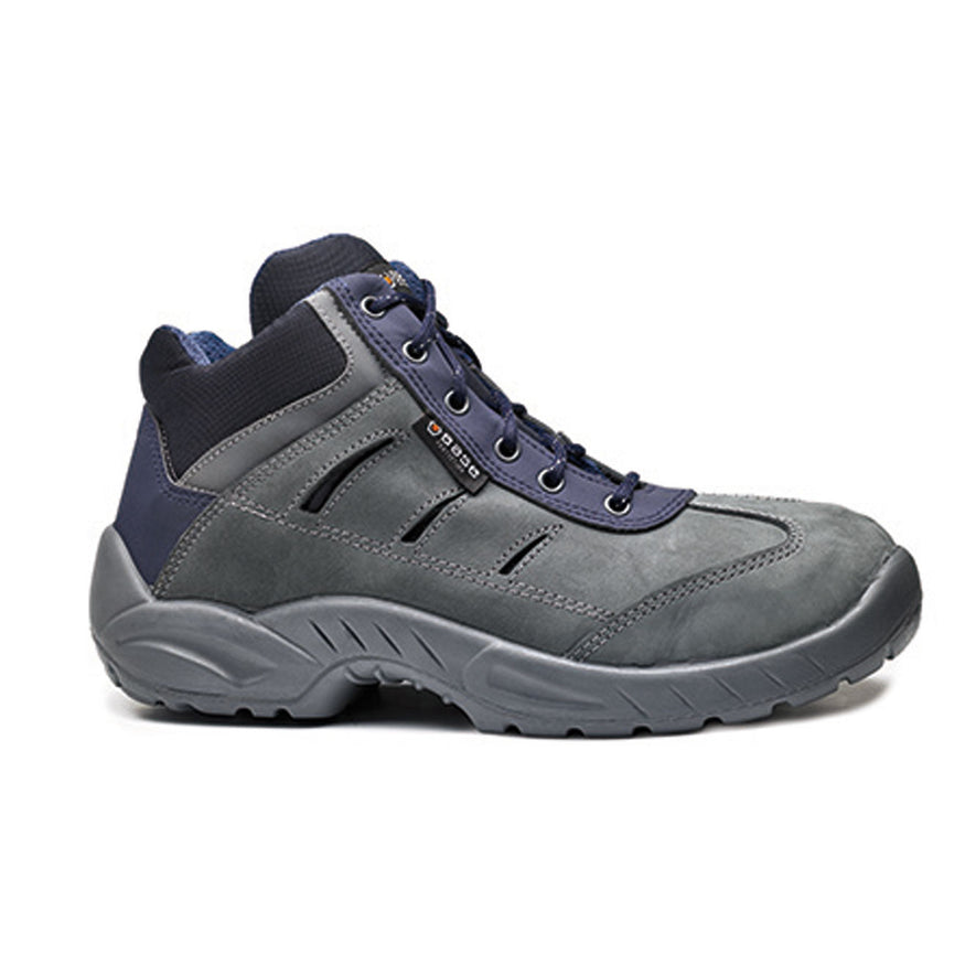 Grey and Cobalt Blue Base Grenwich safety boot with a protective toe and a colour contrast to the upper.