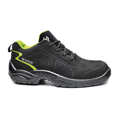 Black Chester Safety Trainer With black laces, a black sole, and green contrast from Base.