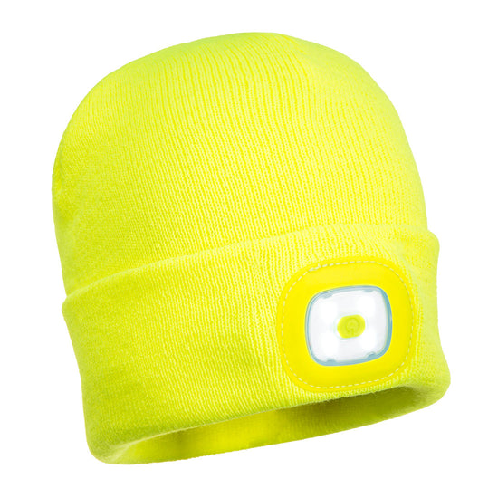 Yellow Junior LED beanie hat with head light.