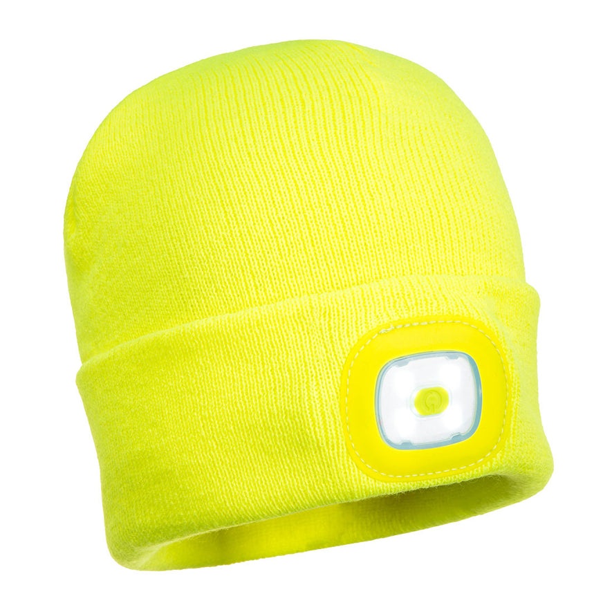 Yellow Junior LED beanie hat with head light.