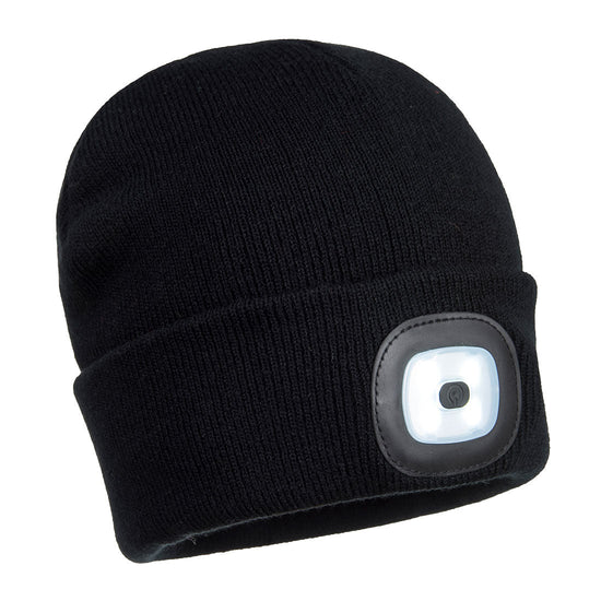 Black portwest twin LED rechargeable beanie hat. Hat has a ribbed finish roll up outer and LED light for visibility.