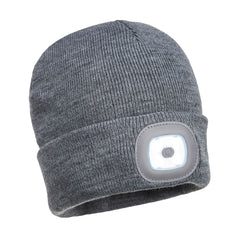 Grey portwest twin LED rechargeable beanie hat. Hat has a ribbed finish roll up outer and LED light for visibility.