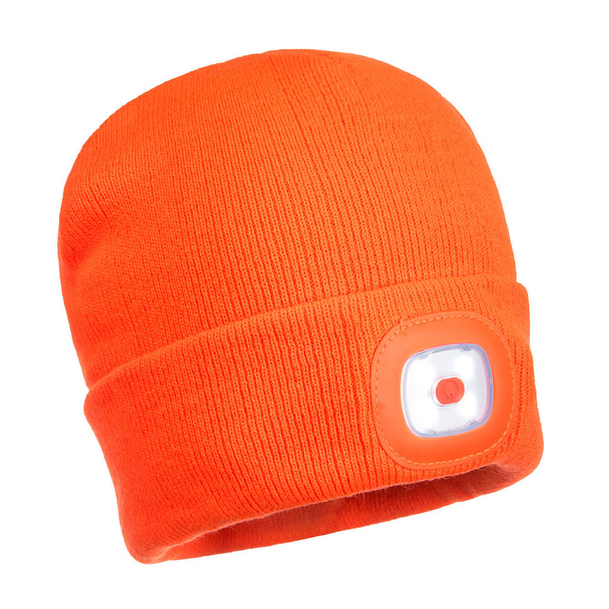 Orange portwest twin LED rechargeable beanie hat. Hat has a ribbed finish roll up outer and LED light for visibility.