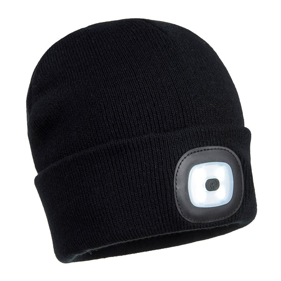 Black led beanie hat with led light on the cuff.