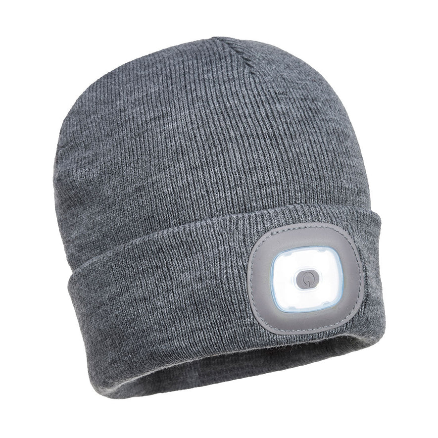 Grey led beanie hat with led light on the cuff.