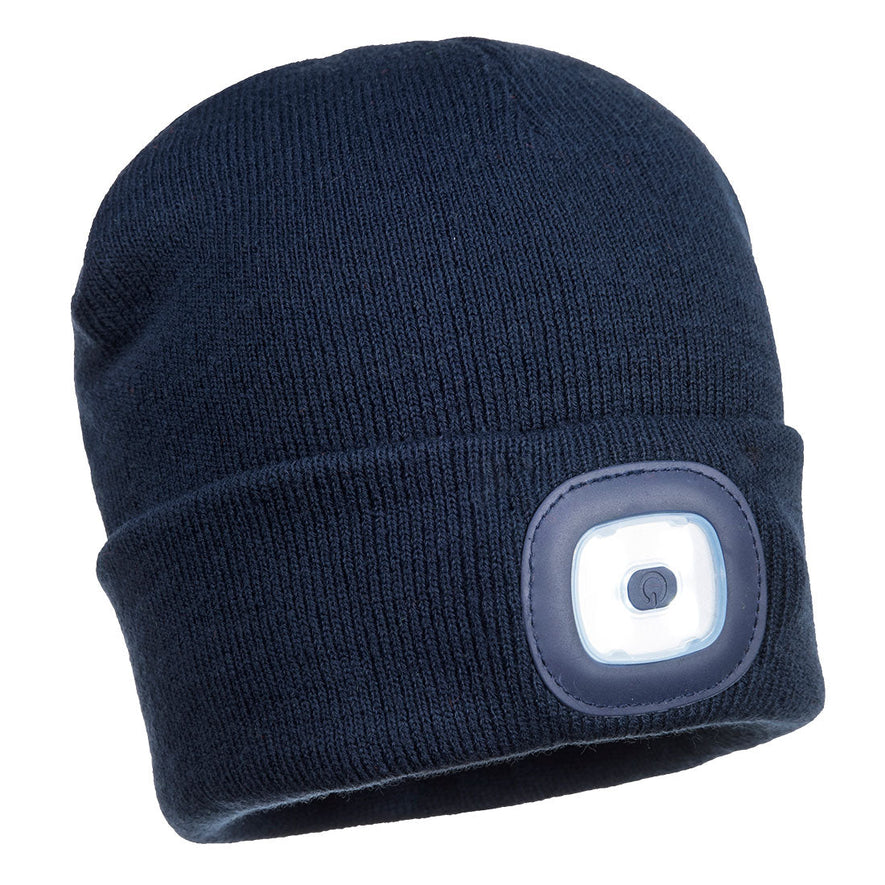 Navy led beanie hat with led light on the cuff.