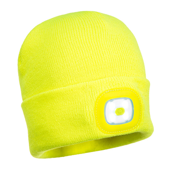 Yellow led beanie hat with led light on the cuff.
