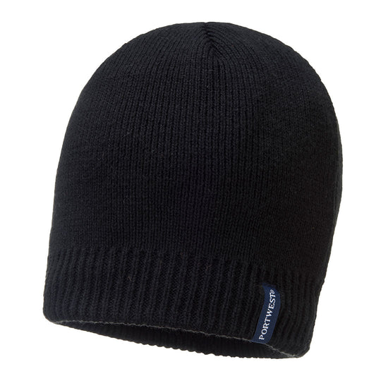 Black Portwest Waterproof beanie. Beanie has waterproof coating and water resistant inner.