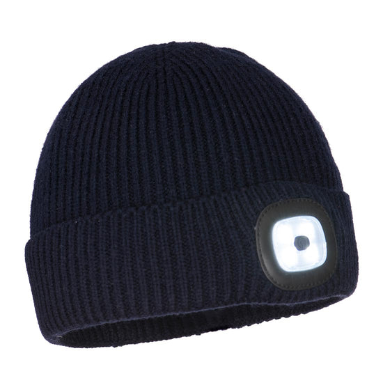 Navy Portwest Workmans beanie hat with Led Torch