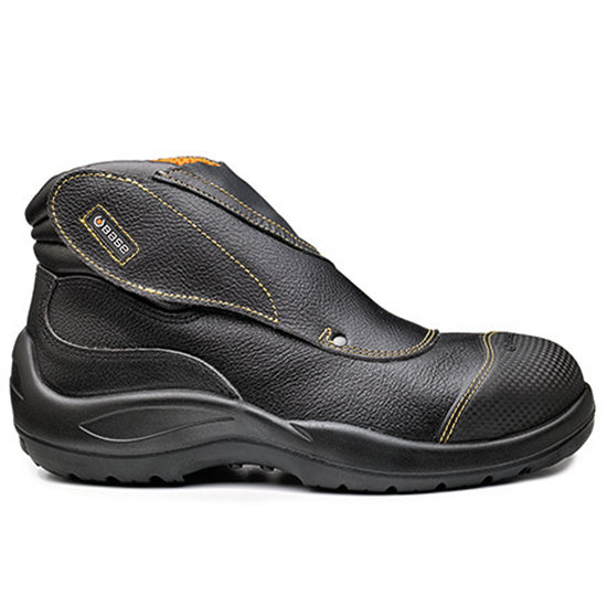 Black Base Welders Safety Boot with a protective toe, scuff cap and welding lace cover with yellow stitching for contrast.