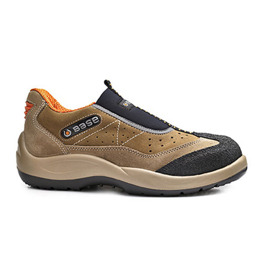 Tan Base Arena Safety slip on Shoe. Shoe has a black sole, Protective toe with black scuff cap, and the shoe also has base branding.