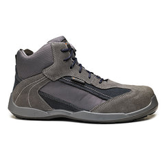 Grey Base Soccer Top Safety Boot with a protective toe, Scuff cap and Blue stitching as well as laces for contrast.