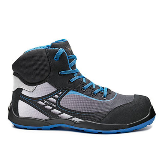 Base Bowling Top/Tennis Top Safety Boot. Boot has a blue sole, Black scuff cap, Grey, Black and blue mid, Blue laces and Blue inner. Boot has base branding through out. 